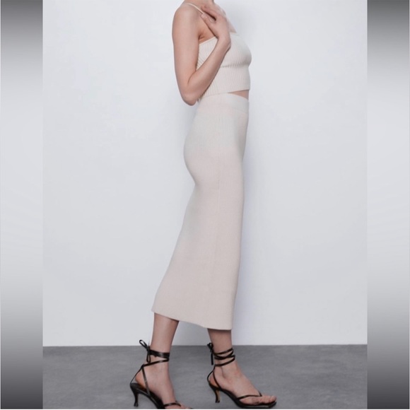 Zara ribbed KNIT stretch pencil midi skirt in Ecru cream neutral size S  NWT - Picture 7 of 15
